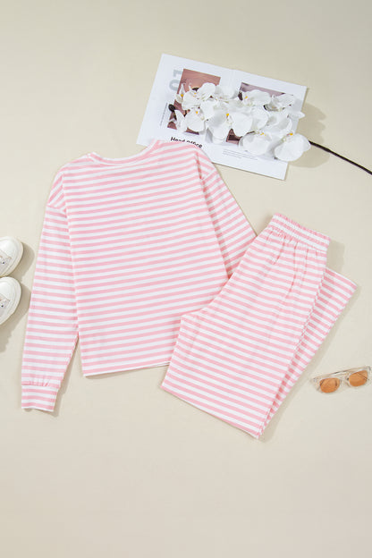 Pink Stripe Drop Shoulder Round Neck Top and Buttoned Straight Pants Two Piece Set