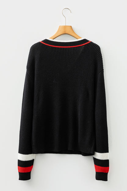 Black Contrast Striped Trim V Neck Drop Shoulder Sweater