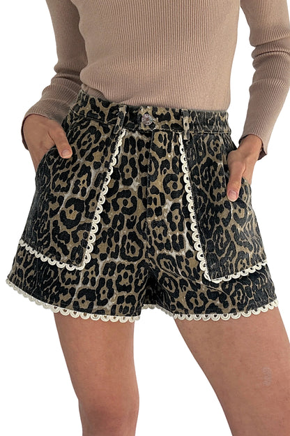 Khaki Contrast Scalloped Lace Trim Leopard Denim Shorts