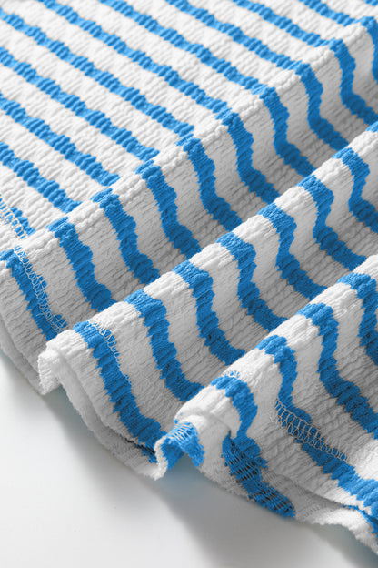 Blue Stripe Textured Short Sleeve Patchwork T Shirt