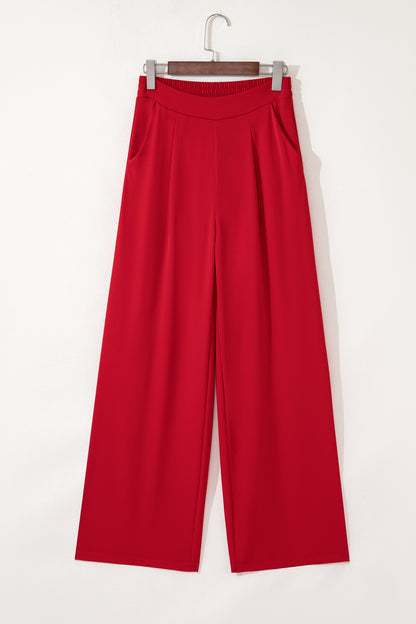 Fiery Red Pleated Detail Pull On High Elastic Waist Loose Straight Pants