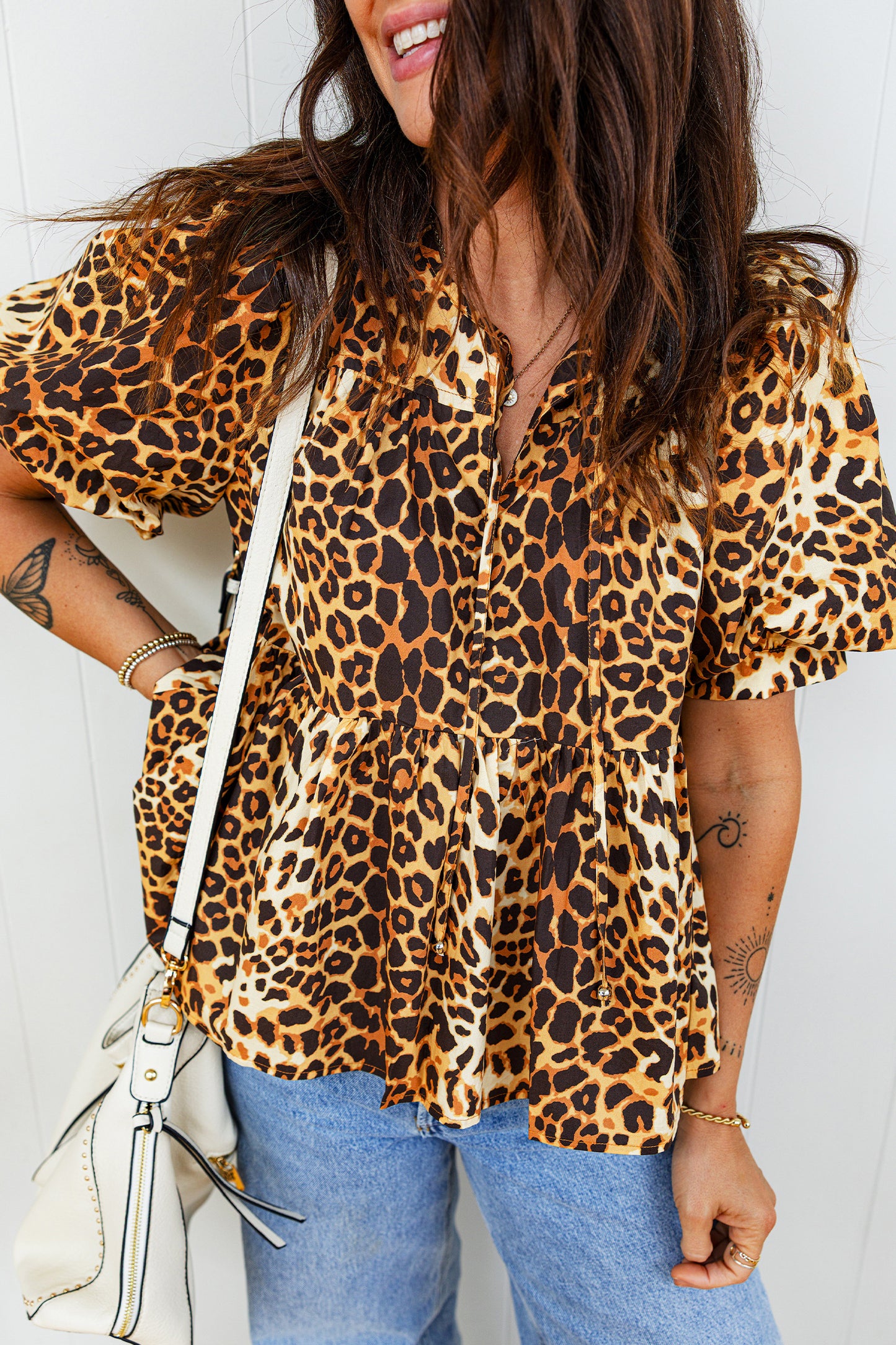 Leopard Print Short Puff Sleeve Slit Neck Babydoll Blouse