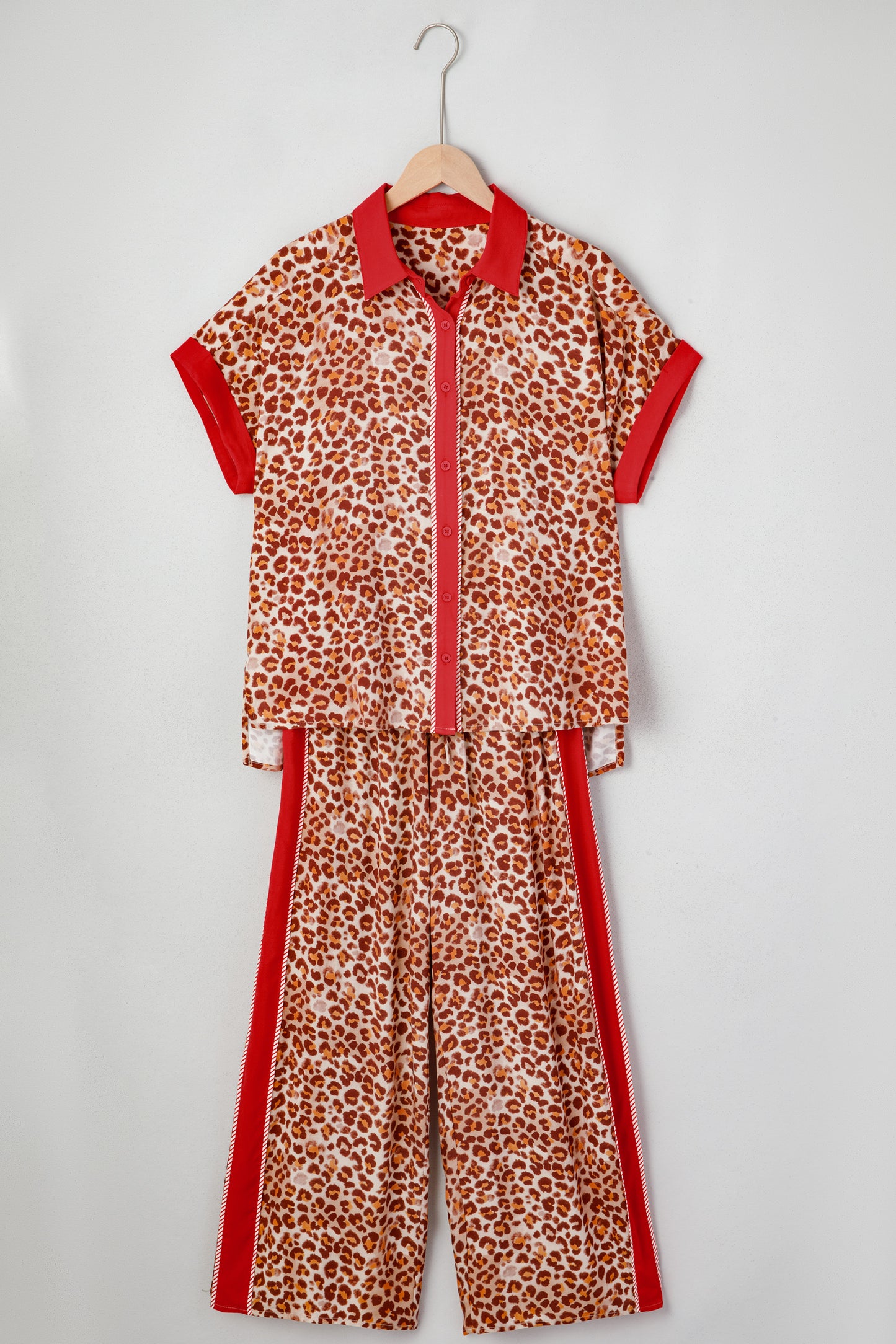 Brown Contrast Trim Leopard Top and Pant Set