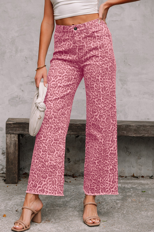 Rose Leopard Frayed Edge Wide Leg High Waist Jeans