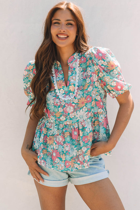 Multicolour Notched Neck Puff Short Sleeve Floral Blouse