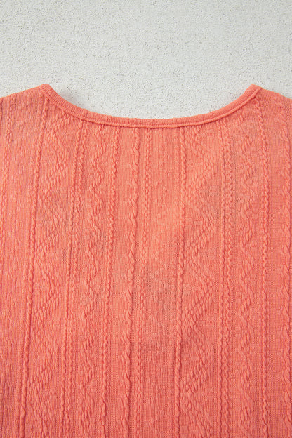 Grapefruit Orange Crochet Floral Accent V Neck Textured Pants Set