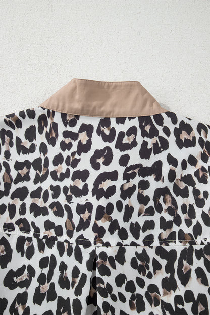Multicolour Leopard Print Contrast Trim Button Split Neck Plus Long Sleeve Top