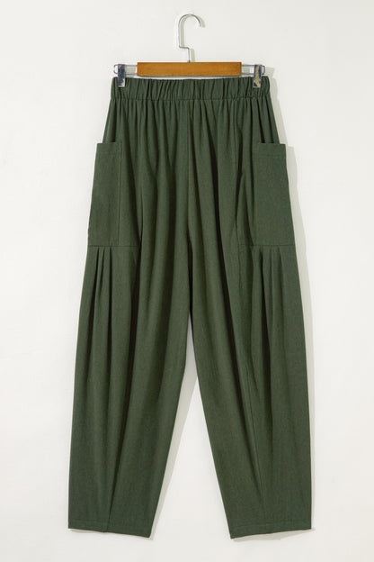 Jungle Green Drawstring Elastic Waist Patch Pocket Barrel Leg Casual Pants