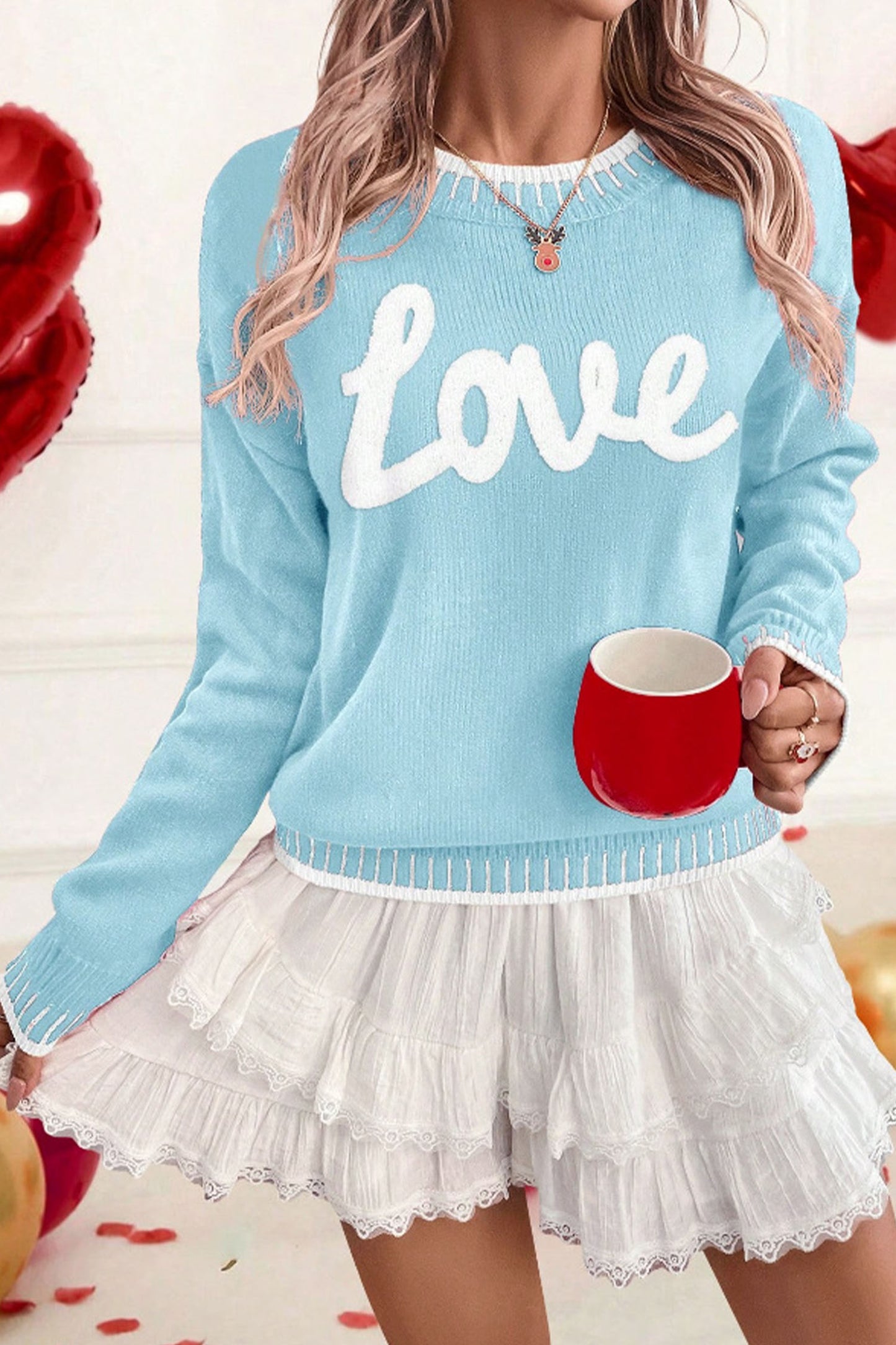Light Blue Valentine Love Chenille Letter Graphic Sweater