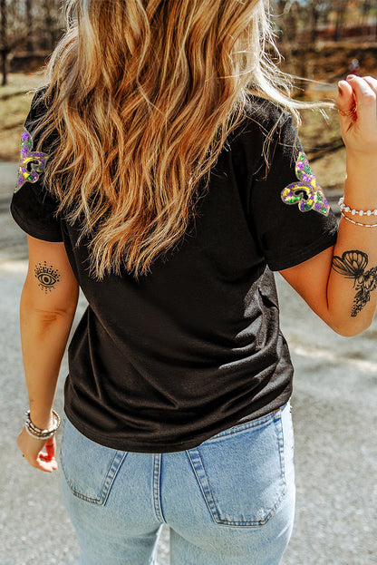 Black Sequin Fleur-de-Lis Graphic Tee
