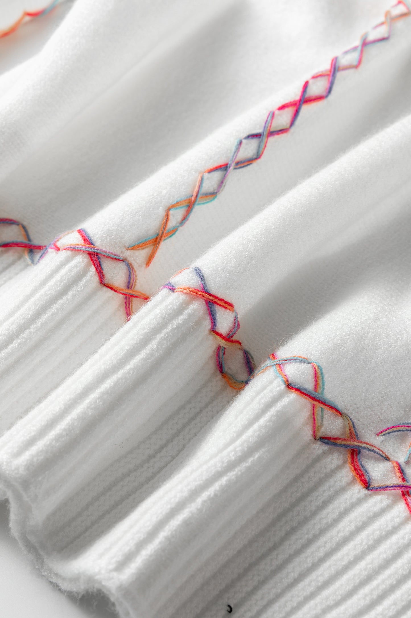 White Rainbow Stitching Balloon Sleeve Relaxed Sweater