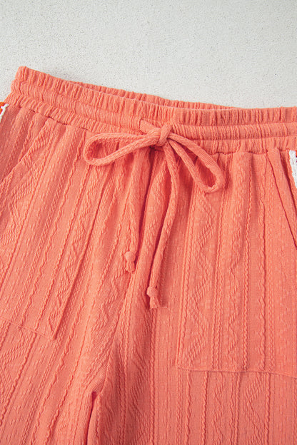 Grapefruit Orange Crochet Floral Accent V Neck Textured Pants Set