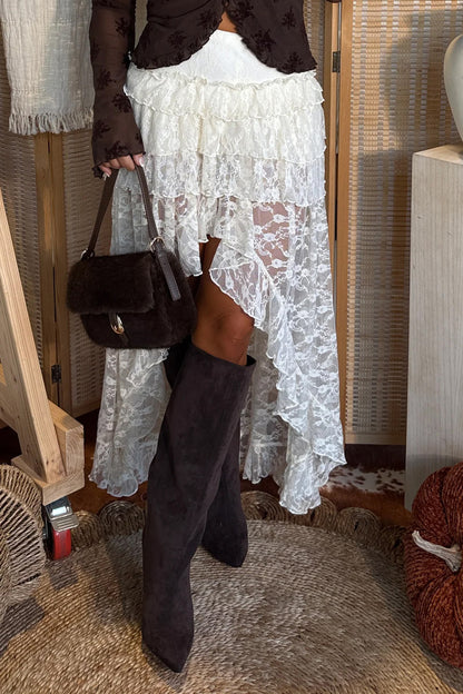 White Sheer Lace Frilly Ruffles High Low Long Skirt