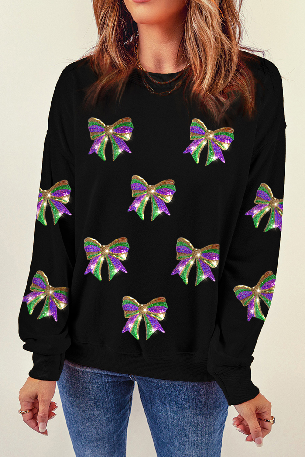Black Sequin Mardi Gras Bow Pullover Sweatshirt
