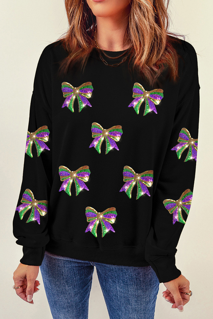Black Sequin Mardi Gras Bow Pullover Sweatshirt