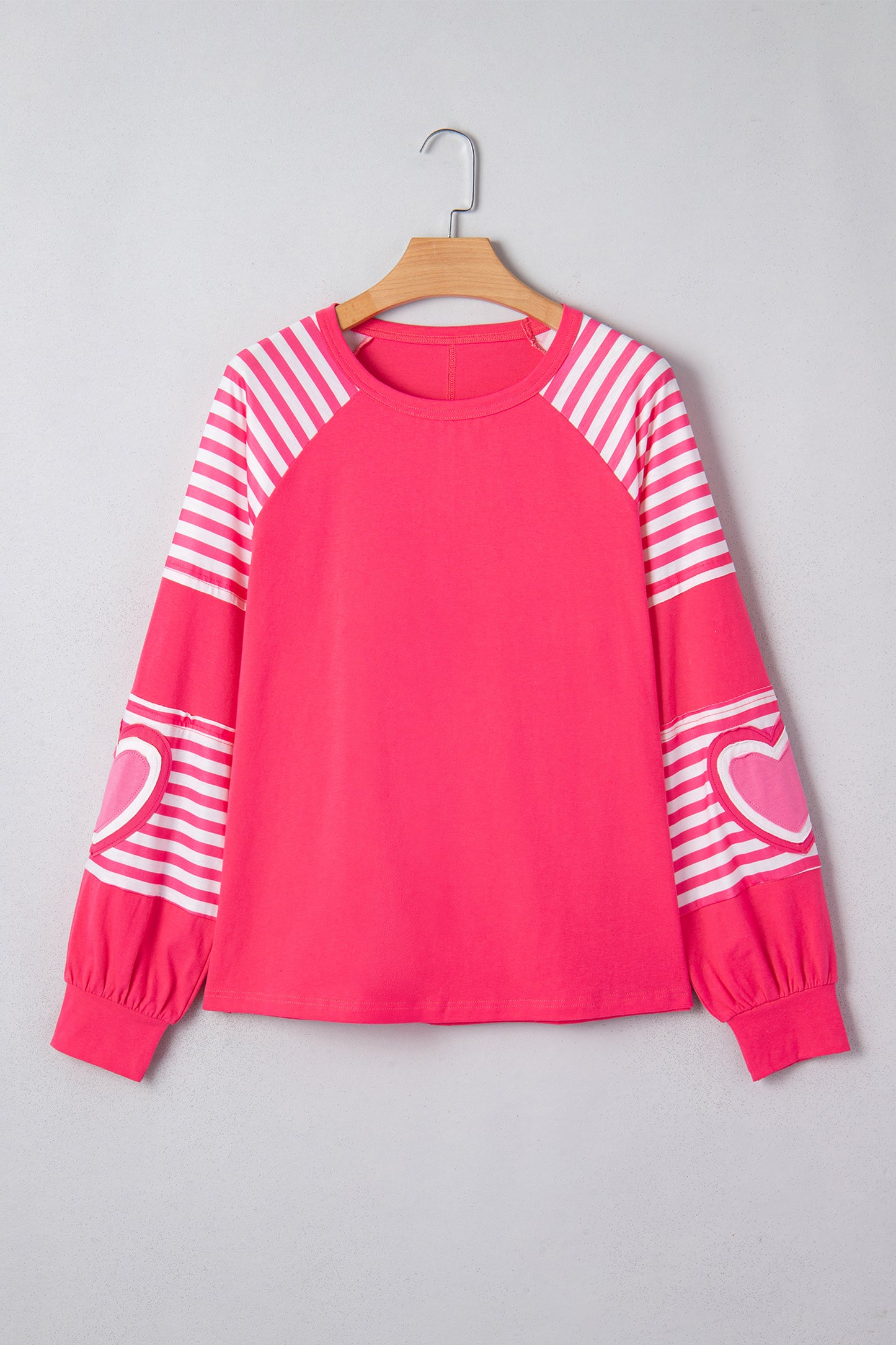 Strawberry Pink Heart Shape Striped Patchwork Long Sleeve Loose Top