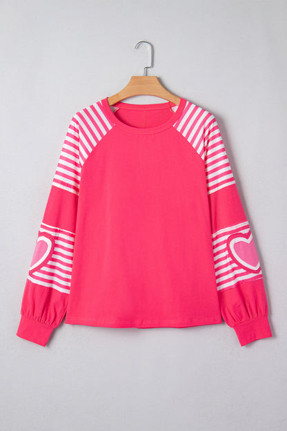 Strawberry Pink Heart Shape Striped Patchwork Long Sleeve Loose Top