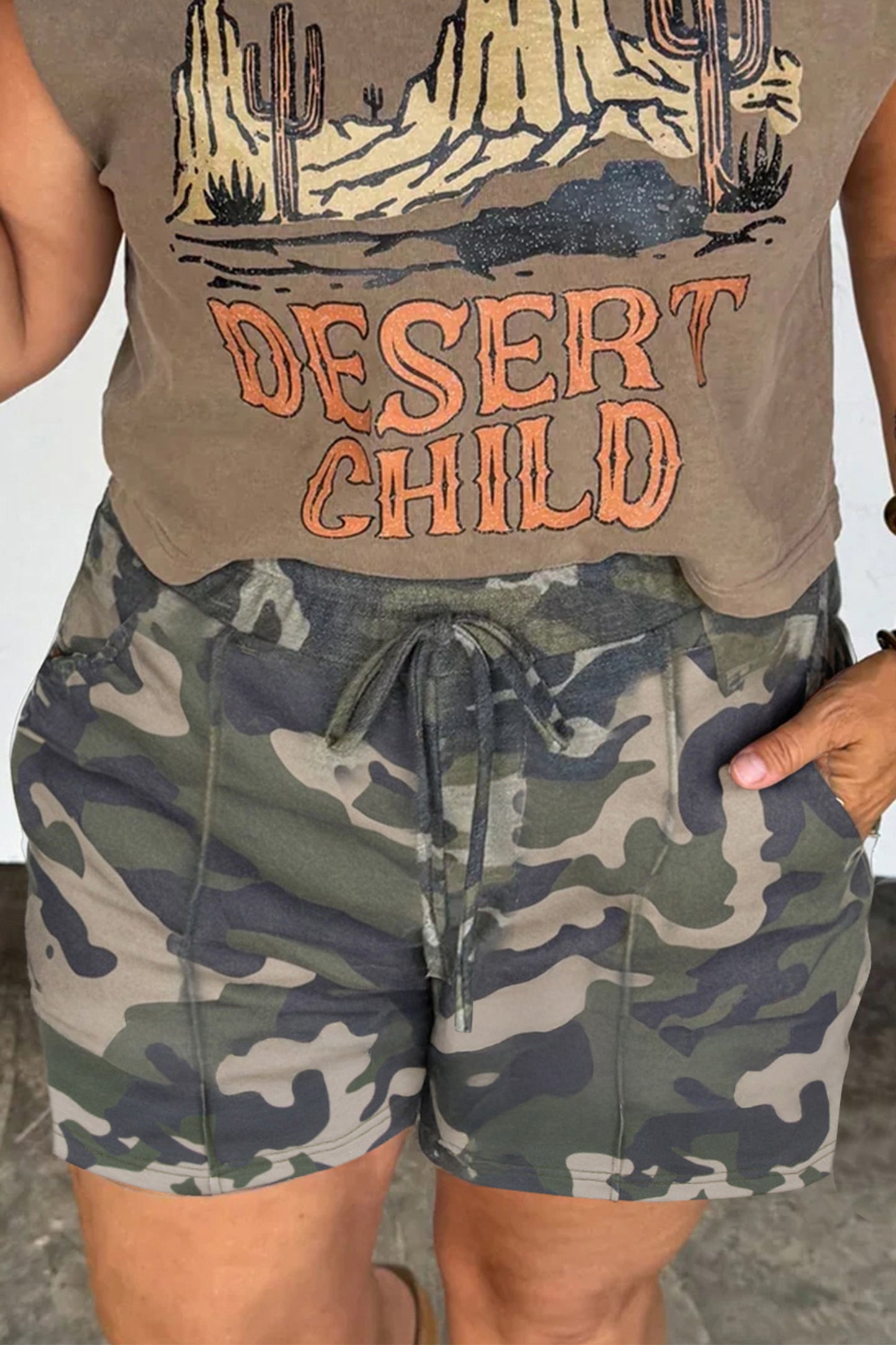Green Tie Elastic Waist Pocketed Plus Size Camo Shorts