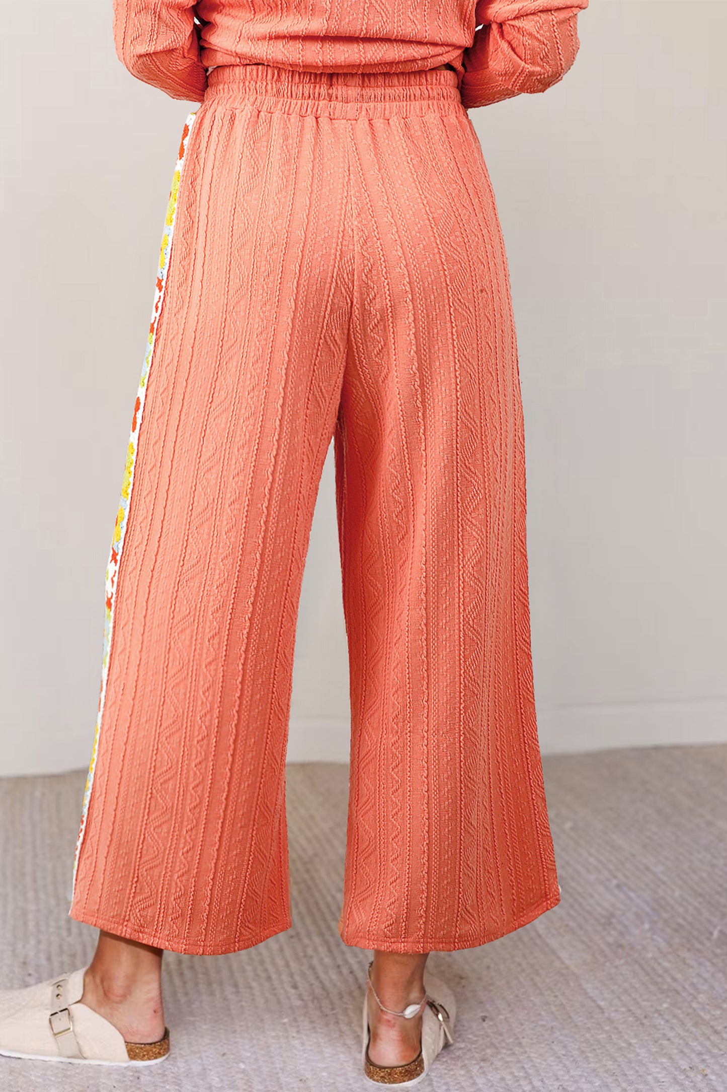 Grapefruit Orange Crochet Floral Accent V Neck Textured Pants Set