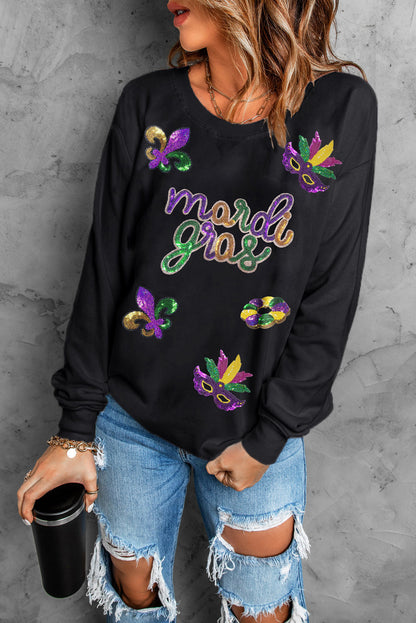 Black Sequin Fleur-de-Lis Pullover Sweatshirt