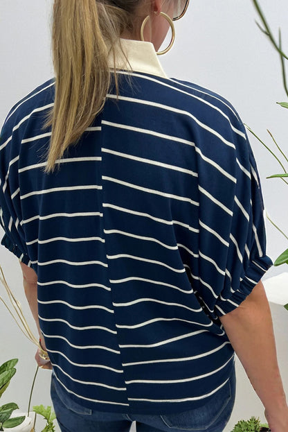 Blue Stripe Stand Collar V Neck Elastic Cuffs Half Sleeve Dolman Top