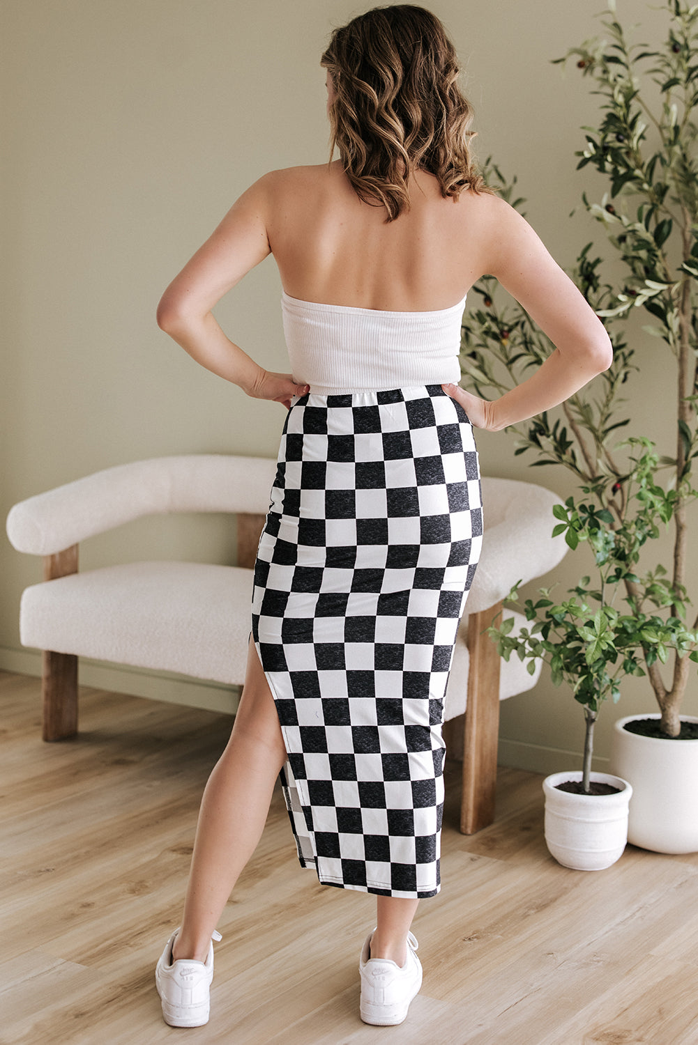 Dearlovers White Checkered Print Side Slit High Waist Midi Skirt