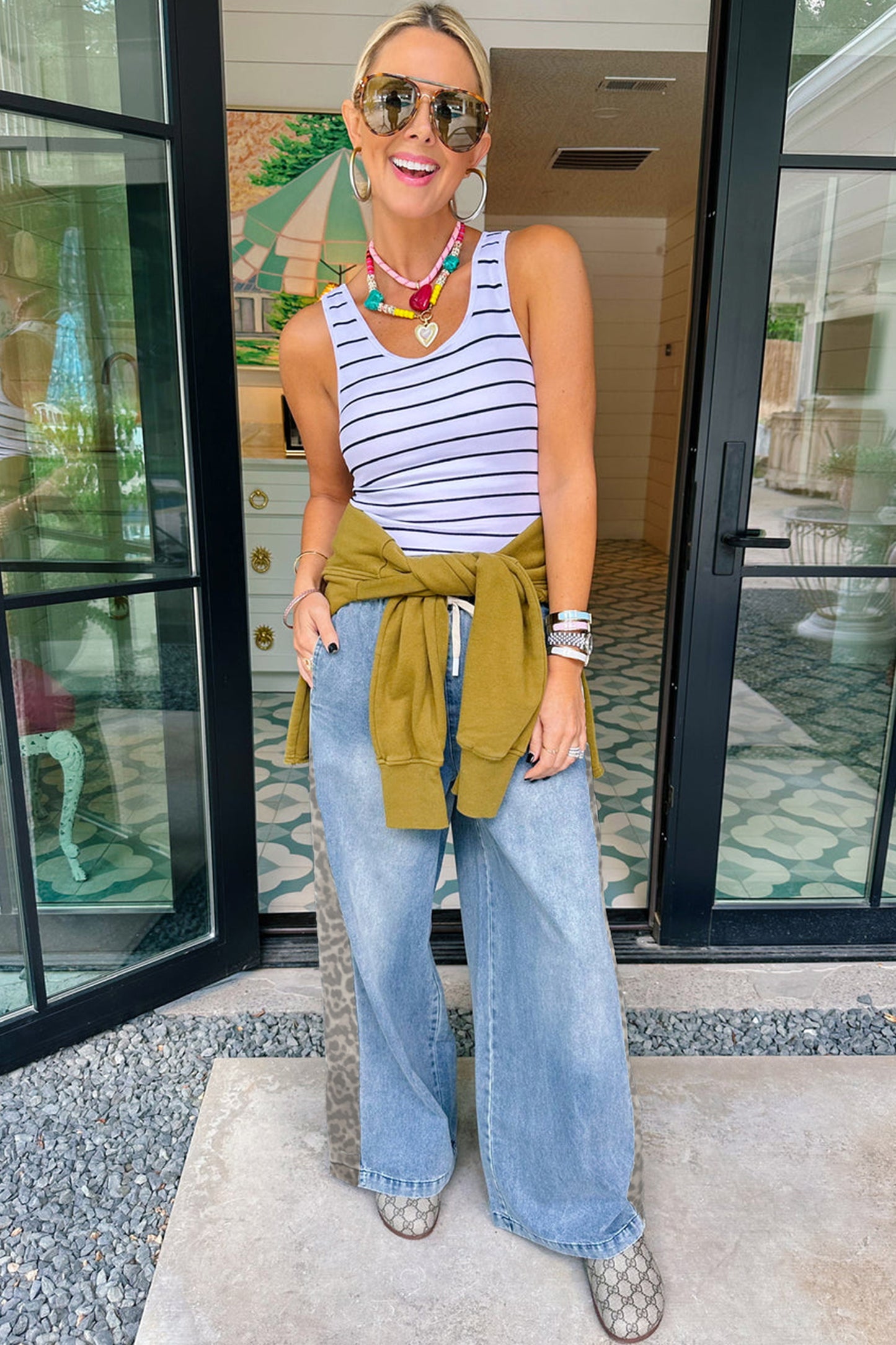 Beau Blue Drawstring Elastic Waist Leopard Striped Side Panel Wide Leg Jeans