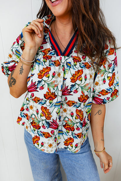 Multicolour Contrasted V Neckline Floral Puff Short Sleeve Blouse
