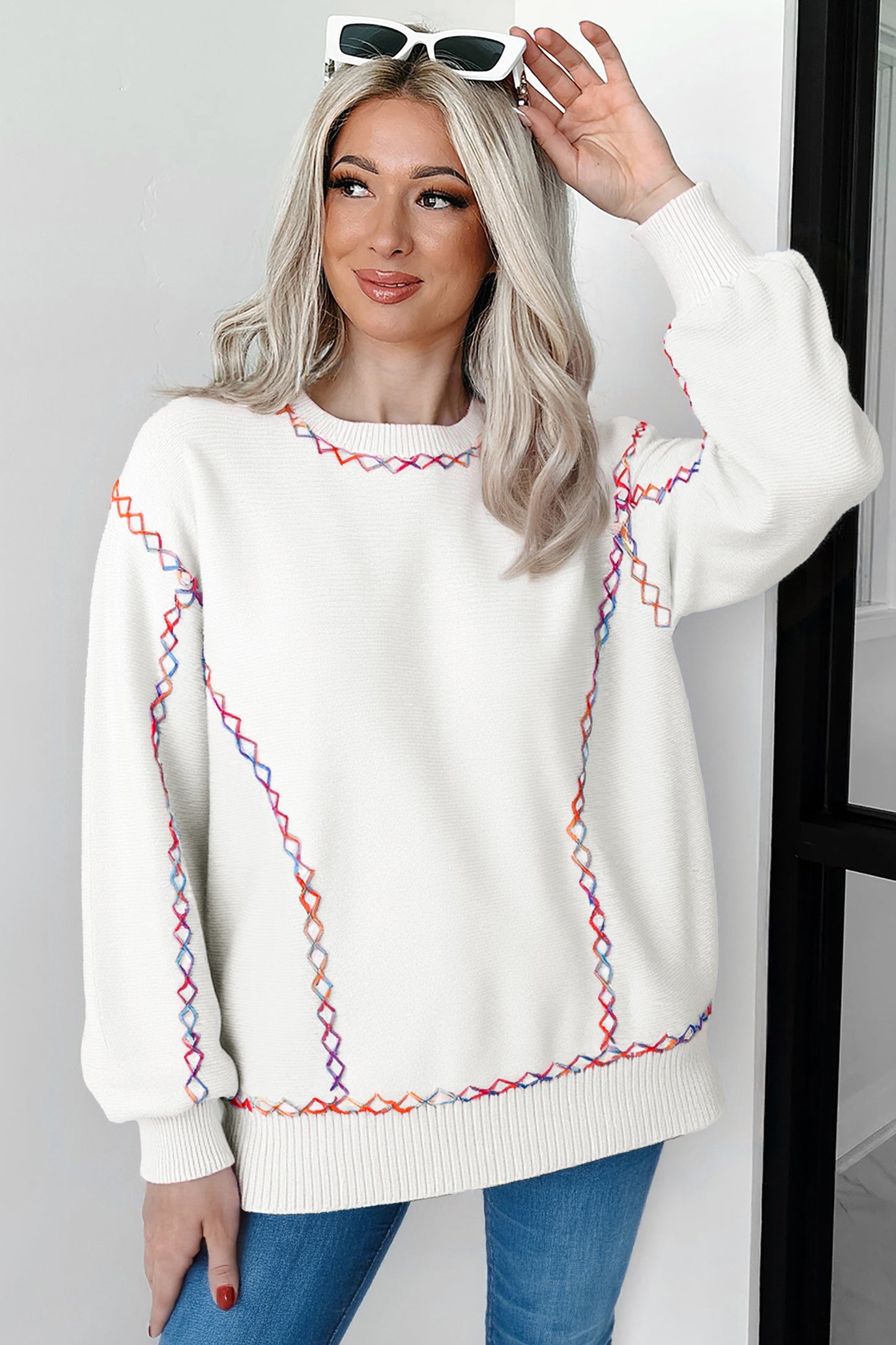 White Rainbow Stitching Balloon Sleeve Relaxed Sweater
