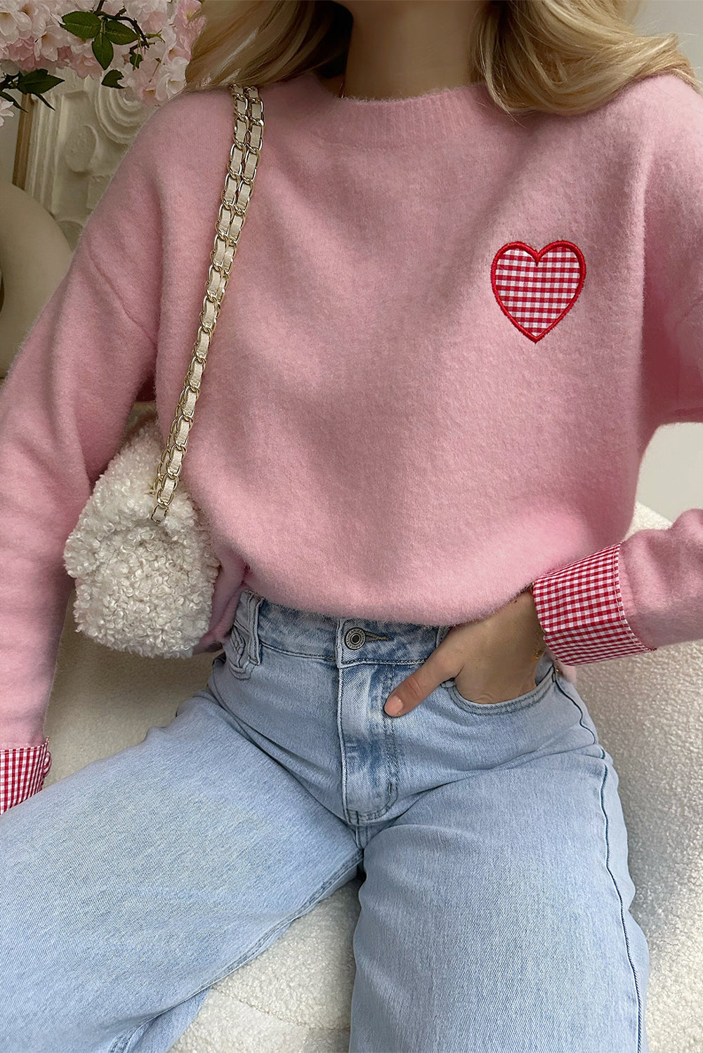 Light Pink Plaid Heart Embroidered Cuffed Drop Shoulder Crew Neck Sweater