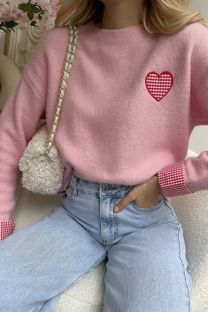 Light Pink Plaid Heart Embroidered Cuffed Drop Shoulder Crew Neck Sweater