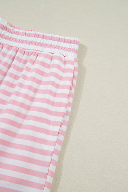 Pink Stripe Drop Shoulder Round Neck Top and Buttoned Straight Pants Two Piece Set