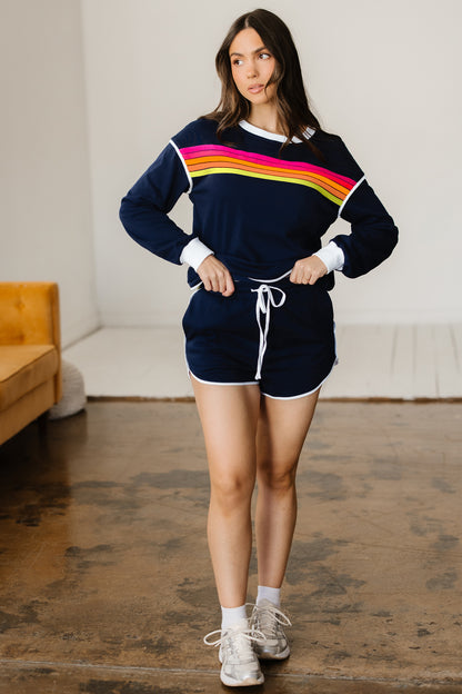 Bluing Colorful Striped Accent Varsity Long Sleeve Pullover and Shorts Matching Set