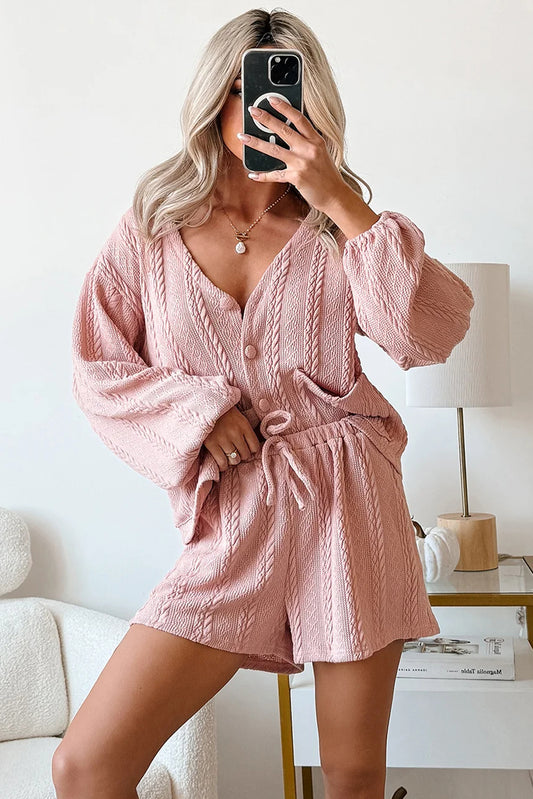 Gossamer Pink Cable Knit V Neck Cardigan Shorts Set