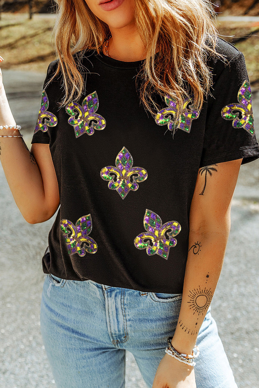 Black Sequin Fleur-de-Lis Graphic Tee