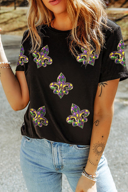 Black Sequin Fleur-de-Lis Graphic Tee