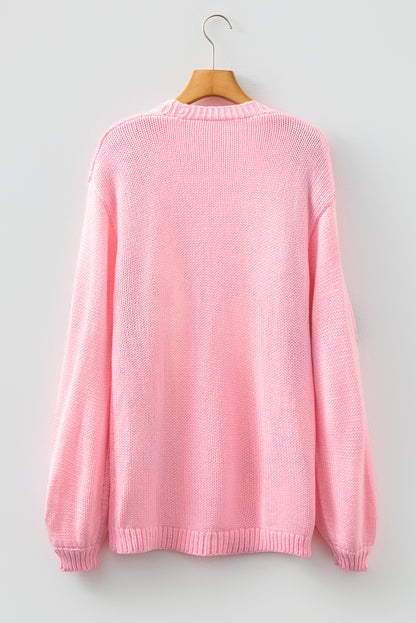 Light Pink Christmas Tree Print Open Front Drop Shoulder Midi Cardigan