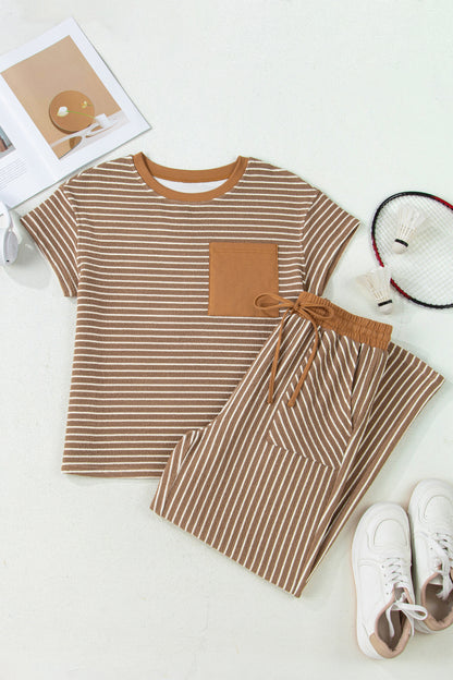 Khaki Stripe Crew Neck Tee Drawstring Waist Cropped Pants Set