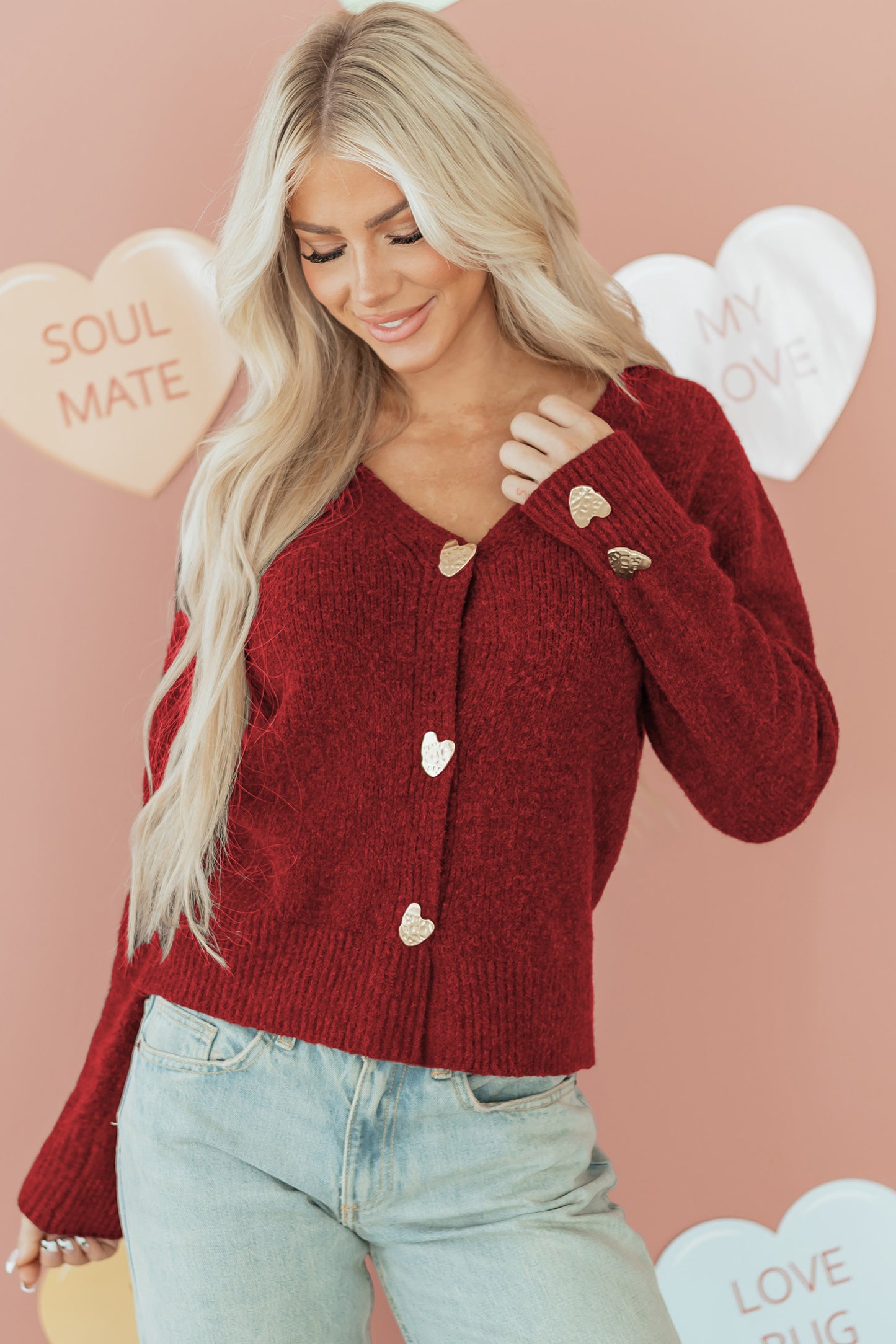 Fiery Red Heart Metal Button V Neck Cardigan Sweater