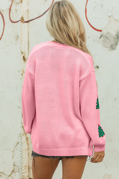 Light Pink Christmas Tree Print Open Front Drop Shoulder Midi Cardigan