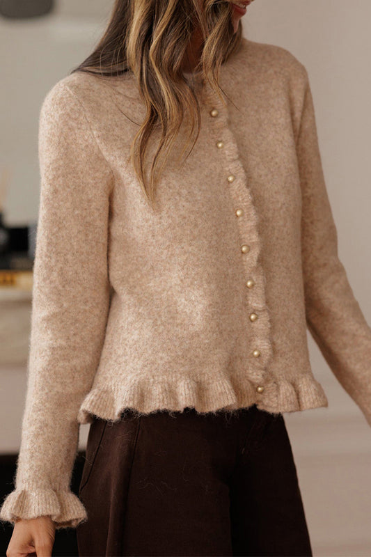 Oatmeal Ruffle Trim Gold Button Sweater Cardigan