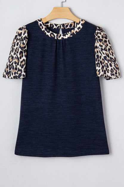 Navy Blue Ribbed Contrast Leopard Patchwork Short Sleeve Top