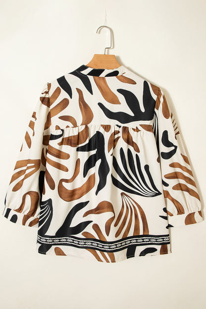 Brown Abstract Puff Sleeve Blouse