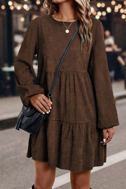 Dark Brown Lantern Sleeve Tiered Mini Dress