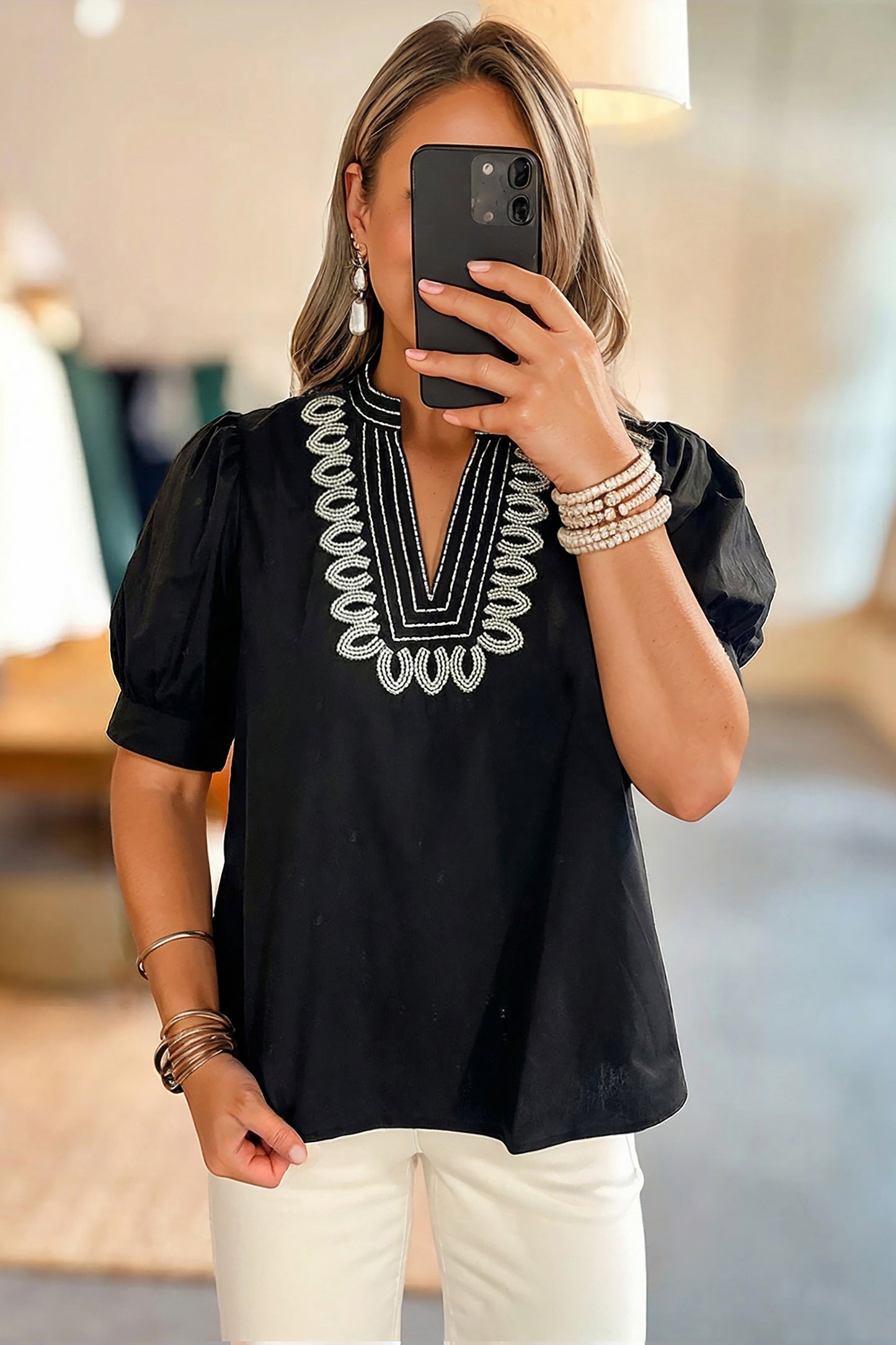 Black Short Puff Sleeve Contrast Embroidered Detail V Neck Blouse