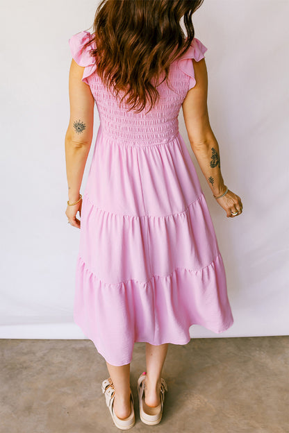 Pink Smocked Bodice Flutter Sleeve Fit Flare Tiered Midi Dress