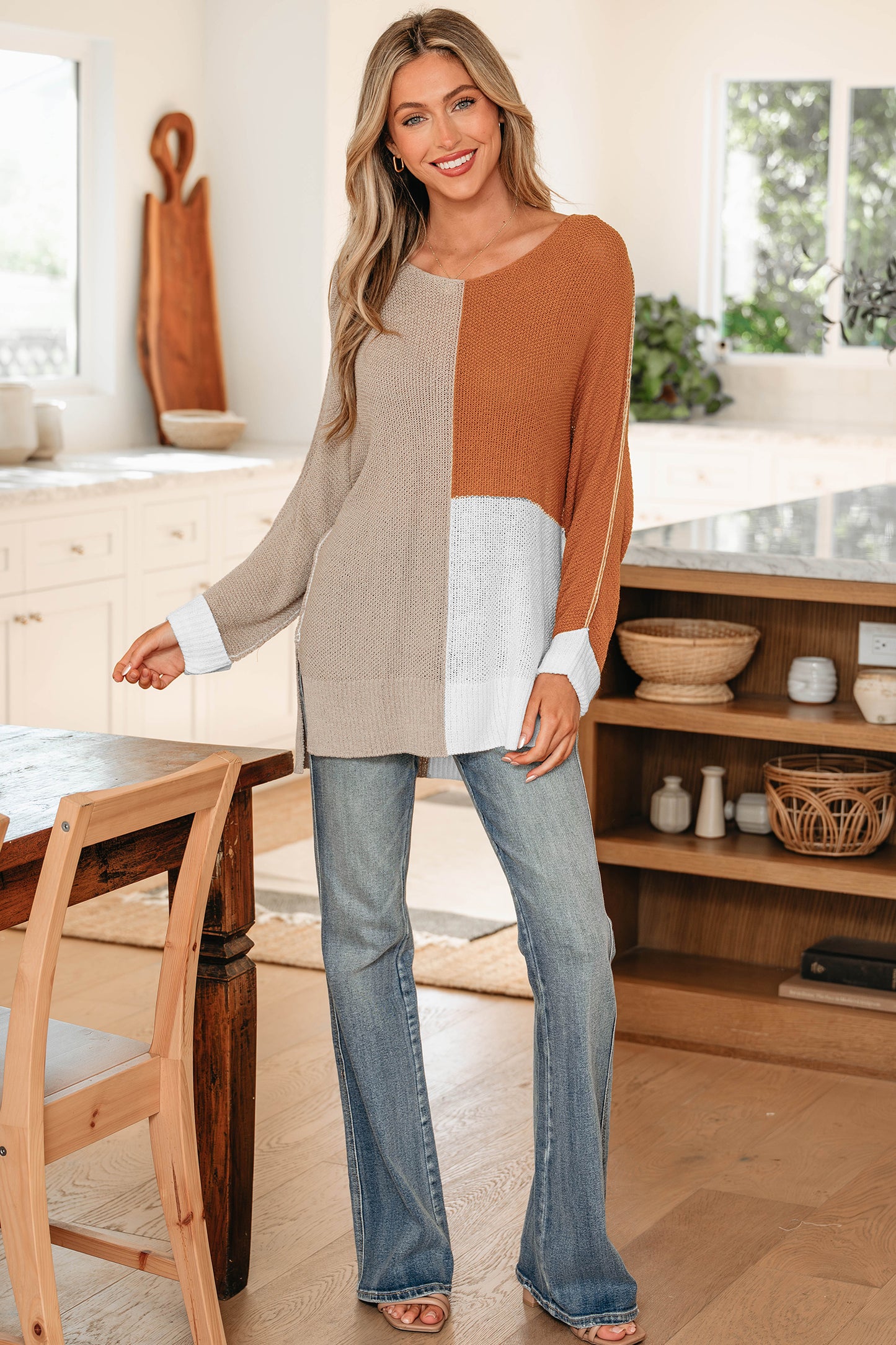Chestnut Color Block Knit V Neck Loose Sweater
