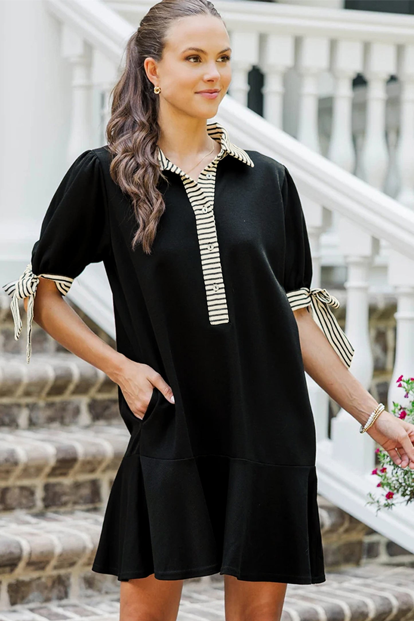 Black Stripe Detail Polo Collar Half Buttons Tied Short Sleeve Shift Mini Dress
