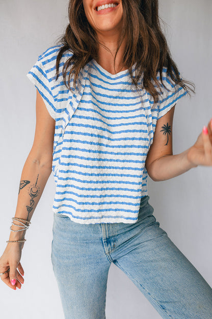 Blue Stripe Textured Short Sleeve Patchwork T Shirt