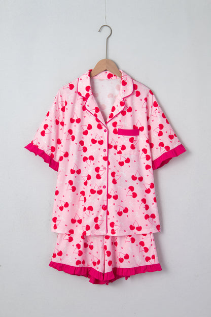 Rose Cherry Bow Mixed Print Scalloped Pajama Set